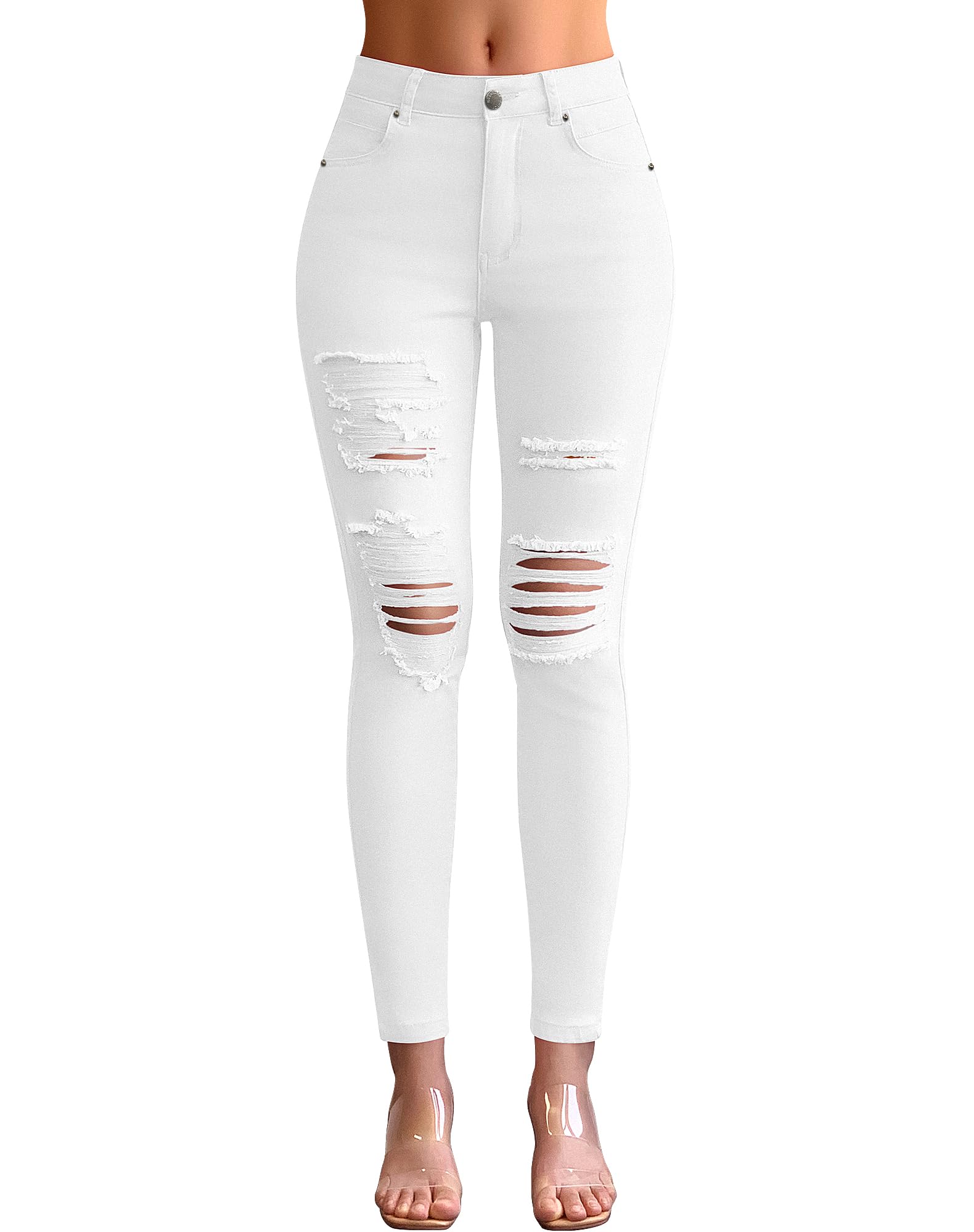 roswear Women's Essentials Ripped Mid Rise Destroyed Skinny Jeans