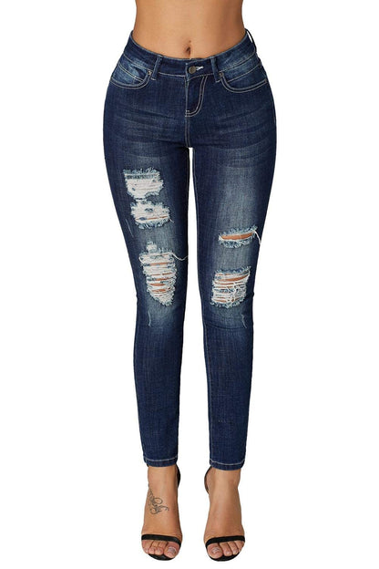 roswear Women's Essentials Ripped Mid Rise Destroyed Skinny Jeans