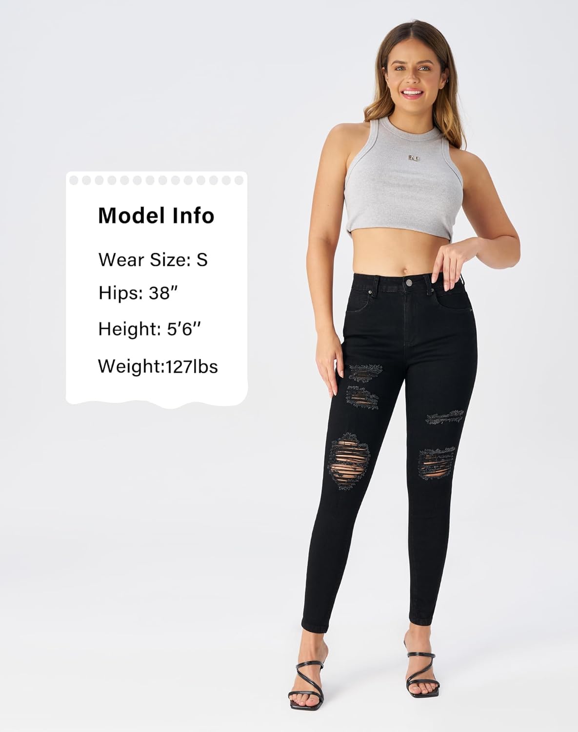 roswear Women's Essentials Ripped Mid Rise Destroyed Skinny Jeans