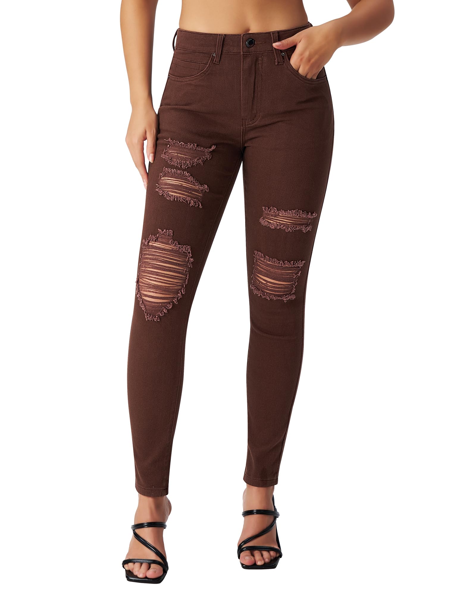 roswear Women's Essentials Ripped Mid Rise Destroyed Skinny Jeans