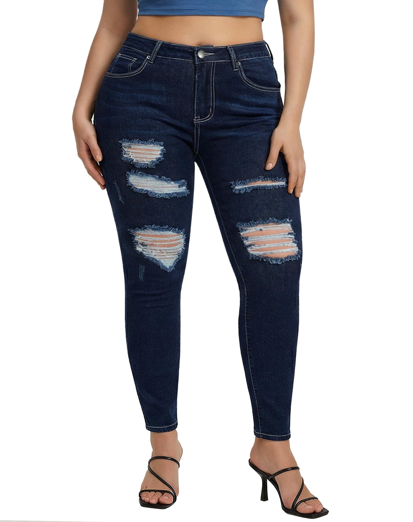 roswear Women's Essentials Ripped Mid Rise Destroyed Skinny Jeans