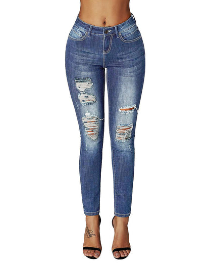 roswear Women's Essentials Ripped Mid Rise Destroyed Skinny Jeans