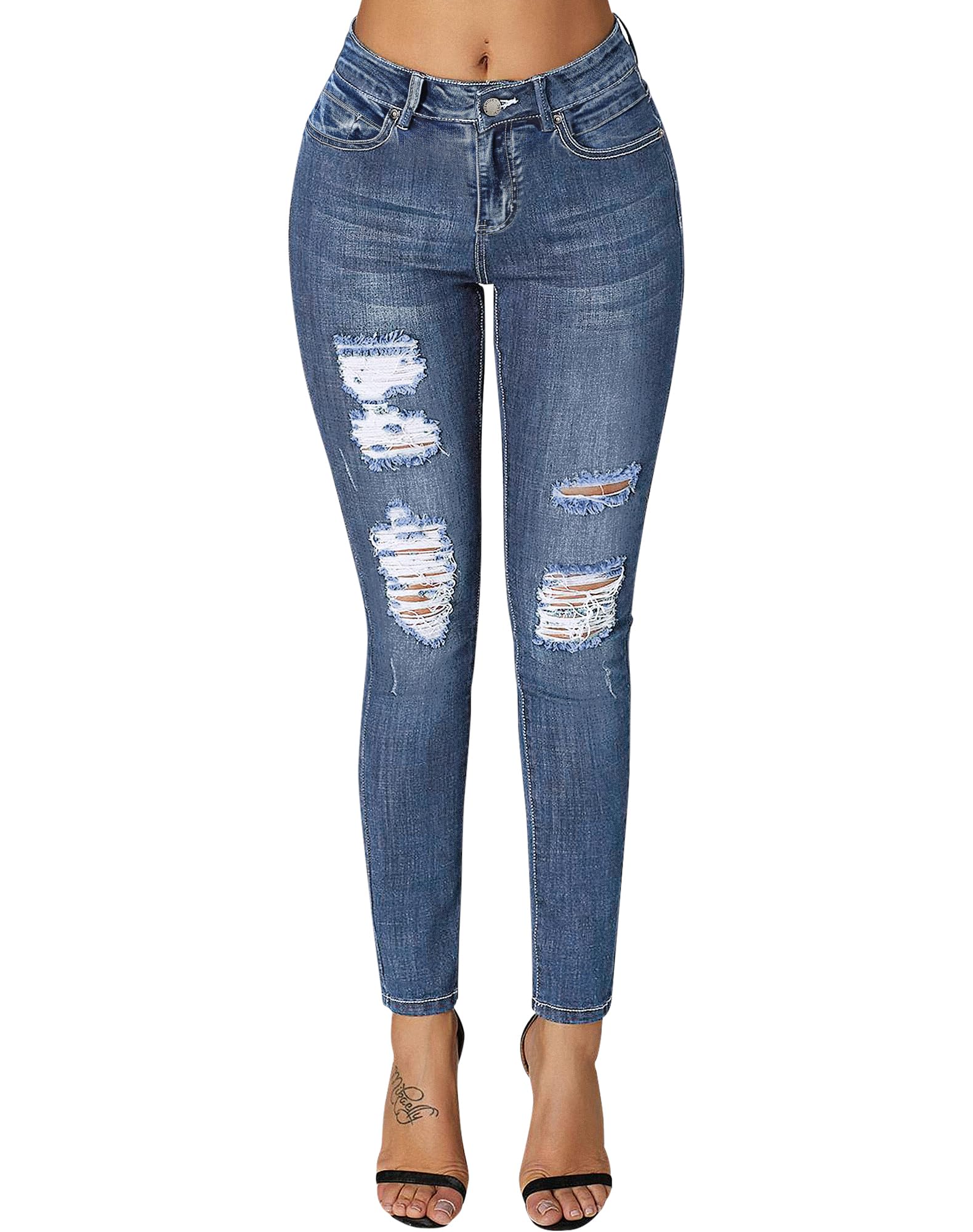 roswear Women's Essentials Ripped Mid Rise Destroyed Skinny Jeans