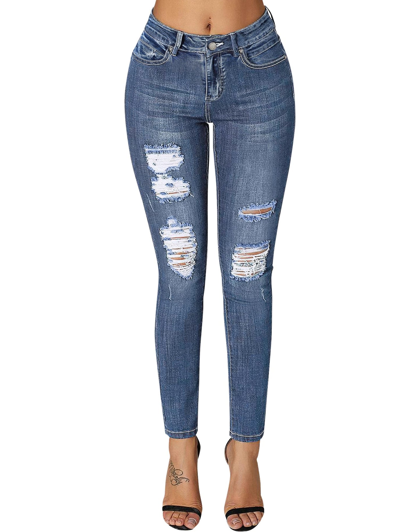 roswear Women's Essentials Ripped Mid Rise Destroyed Skinny Jeans