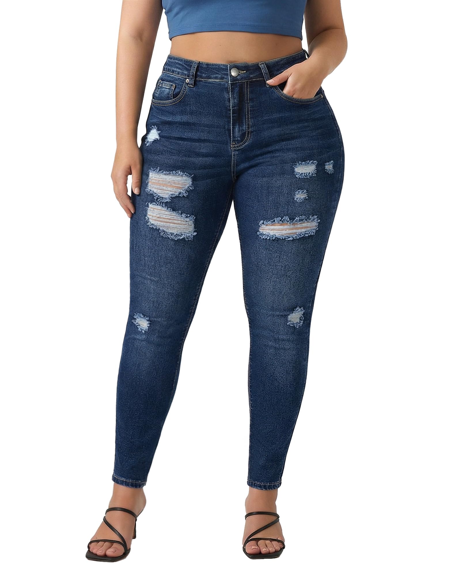 roswear Women's Essentials Ripped Mid Rise Destroyed Skinny Jeans